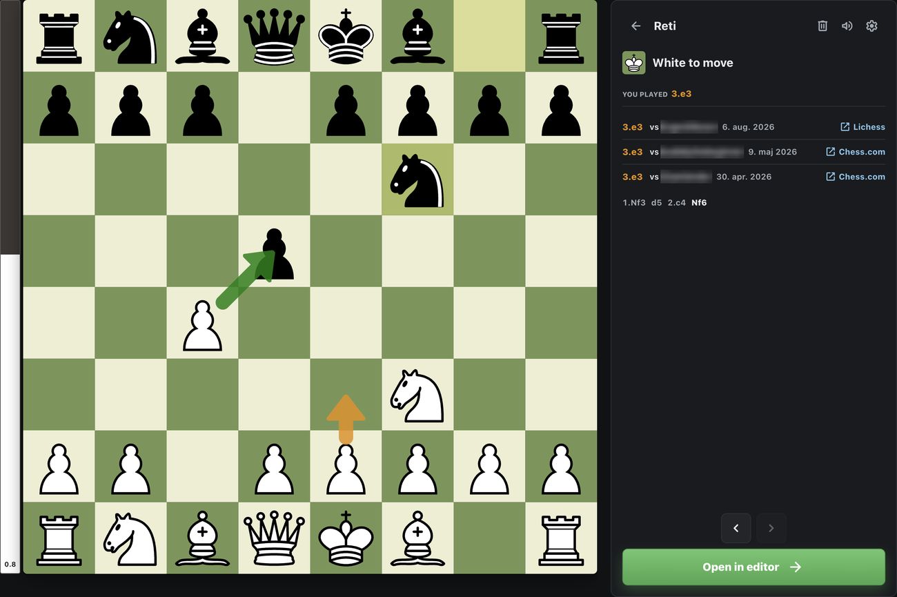 Zugzwanged's deviation review: the exact position where a game left the repertoire, with the move played in each game