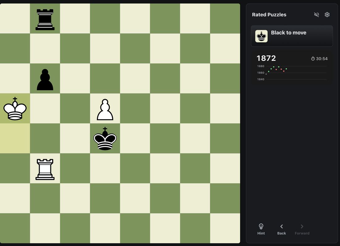 A rated puzzle mid-solve: side to move, the board, your live rating, the clock, and the session's solves so far