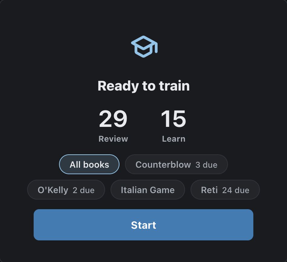 The training screen: 29 moves to review and 15 to learn, with the due count for each book